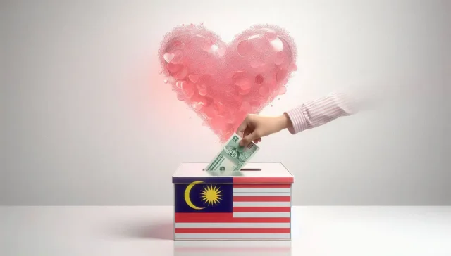 A hand depositing money in a box with a Malaysia flag with a floating heart in the background to symbolize donation tax deduction in Malaysia.