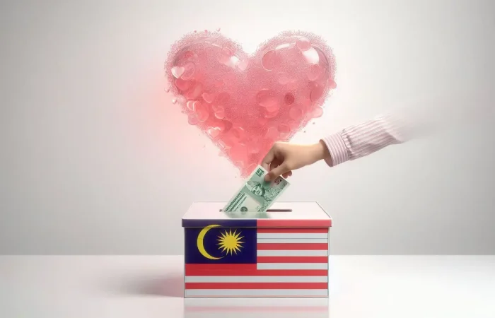 A hand depositing money in a box with a Malaysia flag with a floating heart in the background to symbolize donation tax deduction in Malaysia.