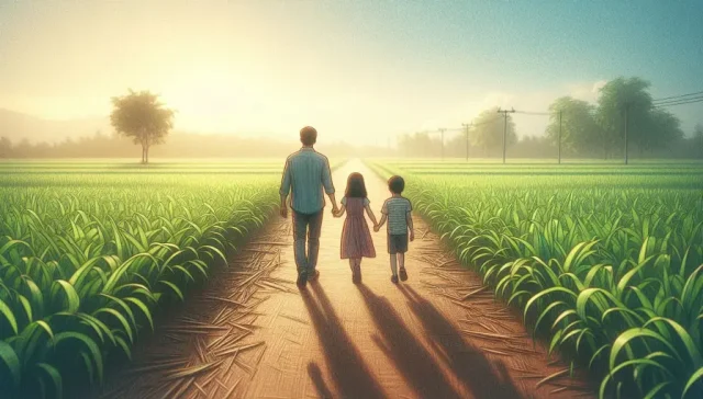 A man holding hands with a little girl and boy walking towards the horizon in a field symbolizing the impact of donation tax relief in Malaysia.