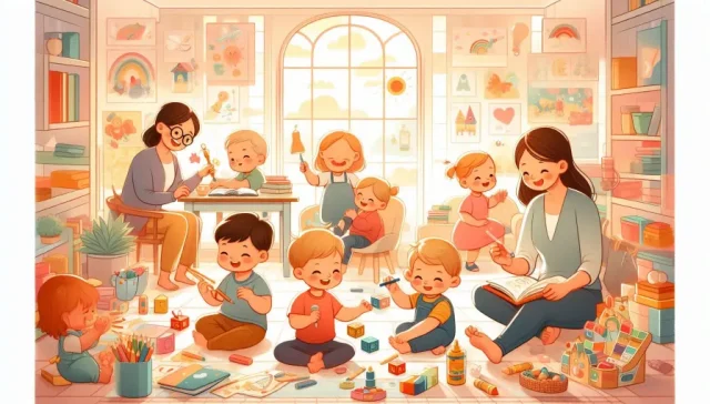 Children in a warm environment reading playing with blocks and drawing, accompanied by women caregivers to signify early childhood education.