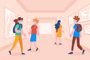 4 murid bermain aktiviti PAK21 Roam the Room di mana mereka berjalan dalam bilik darjah.