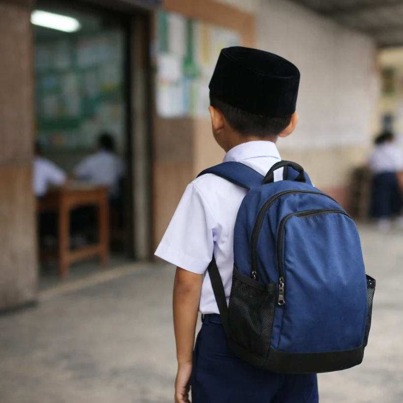 School readiness in Malaysia is more than wearing a uniform and entering a classroom, it is about a child feeling prepared, confident, and supported as they begin their journey into school. In this image, a young boy stands just outside a primary school classroom, seen from behind as he looks in, wearing a white school shirt, dark blue trousers, and a black songkok, with a large blue backpack resting on his shoulders. The lighting is soft and the background slightly blurred, while inside other students are already seated at their desks as he pauses at the doorway, capturing the transition into school where readiness is not just academic but also emotional and social.