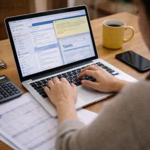 An over-the-shoulder, slightly blurry iPhone-style photo of a person using a laptop at a table with papers and a calculator, showing multiple open windows like email and notes while a small, blurred tax form is visible on screen, representing donation tax Malaysia filing.