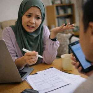 A Malaysian woman wearing a hijab sitting at a table with scattered documents, looking confused while discussing paperwork with another person. The scene reflects the complexity of donation tax Malaysia, with forms and a laptop visible as she seeks clarification.